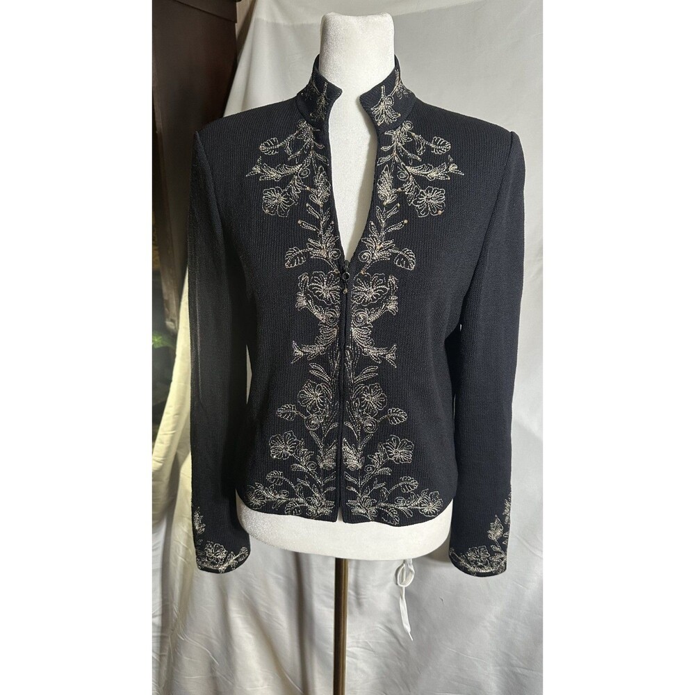 St. John Evening Knit Jacket Gold Floral and Sparkle Trim Zip Closure Sz. 6